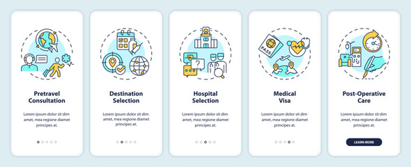 2D icons representing medical tourism mobile app screen set. Walkthrough 5 steps multicolor graphic instructions with linear icons concept, UI, UX, GUI template. - obrazy, fototapety, plakaty