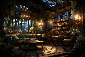 Interior of cozy home in winter, cartoon illustration, AI generated