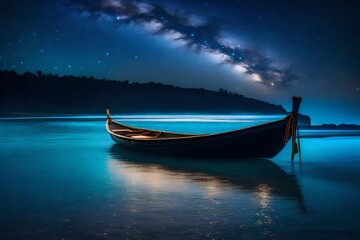 A longboat under a starry night sky on a tranquil beach, bioluminescent waters shimmering with otherworldly light