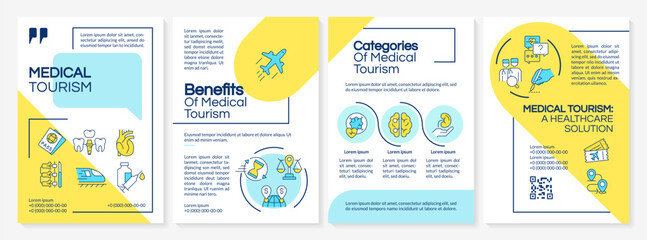 Multicolor medical tourism brochure template, leaflet design with thin linear icons, 4 vector layouts.