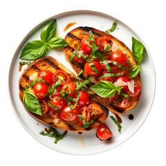 Top view of bruschetta with tomato Isolated on Transparent or White Background, PNG