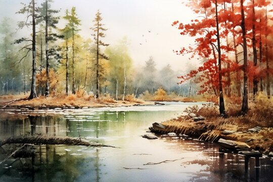 serene watercolor depicting a calm river. Generative AI