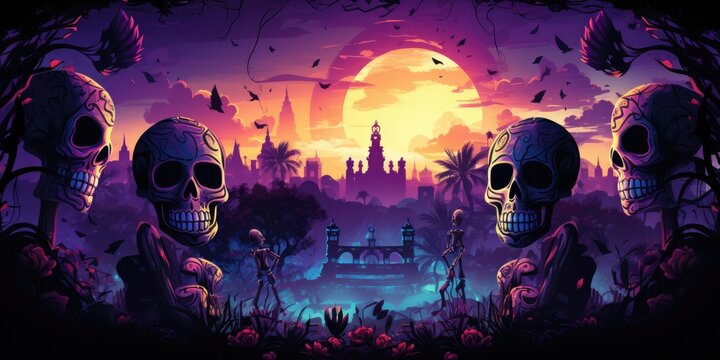 Day of the Dead Background, Halloween Dia De Los Muertos, Mexican Sugar Skulls. Generative Ai