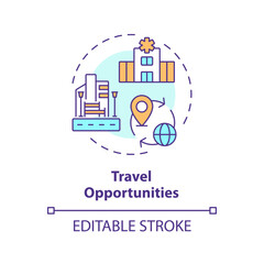 2D editable multicolor travel opportunities icon, simple isolated vector, medical tourism thin line illustration.