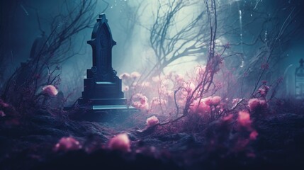 A cemetery in a spooky forest with pink flowers