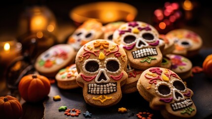 Fototapeta premium A plate of sugar skulls with candles in the background