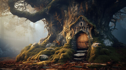 Obraz premium A fairy house in the middle of a mossy forest