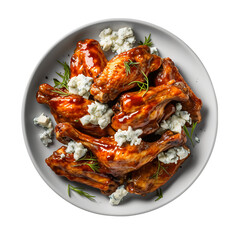 Top View of Buffalo Chicken Wings and Blue Cheese Isolated on Transparent or White Background, PNG - obrazy, fototapety, plakaty