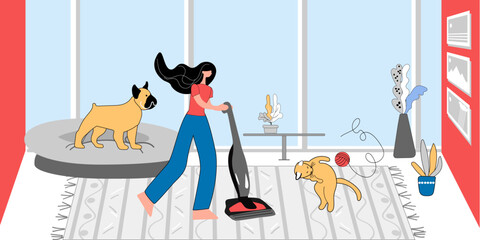 A woman is cleaning, a cat and a dog are playing with a ball of thread.