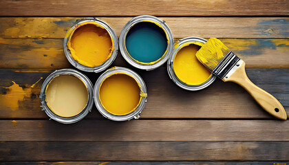 Paint cans with colorful paints and a paintbrush over weathered wooden floorboard.