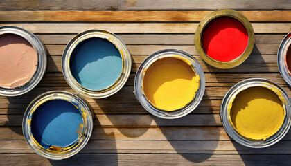 Paint cans with colorful paints over weathered wooden floorboard with sunlight.
