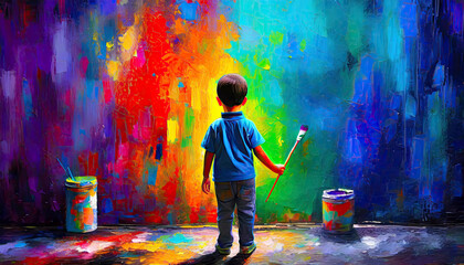 Illustration of a child holing a paintbrush and painting the wall in vibrant colors. Creativity and colorful imaginative world of children.