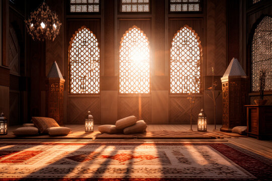 Islamic home interior Architecture. AI generative.