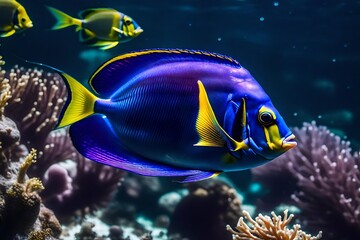 Fototapeta na wymiar blue fish swimming in coral reefs