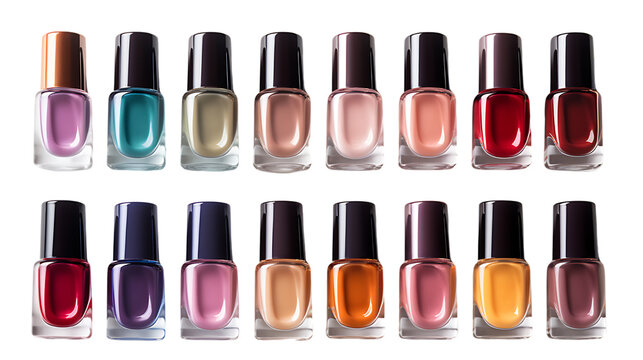 Array of Colored Nail Polish Bottles Isolated on Transparent or White Background, PNG