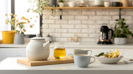 Interior of light kitchen with teapot, cup and snacks on table, minimalist style