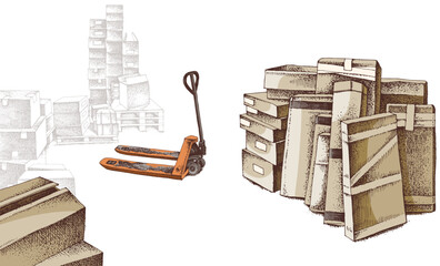Warehouse interrior with boxes and forklift