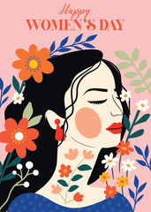Portrait illustration of a Woman with flowers and leaves. Colorful flat vector illustration for posters, women's day theme cards, decor, flyer, templates etc. 