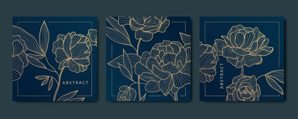 Vector set of abstract luxury golden square cards, post templates for social net, peonies and leaves botanical modern, art deco wallpaper background. Pattern, texture for print, fabric, packaging. - obrazy, fototapety, plakaty