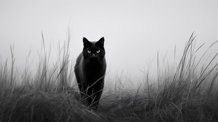 chat noir en position de chasse dans les herbes - obrazy, fototapety, plakaty
