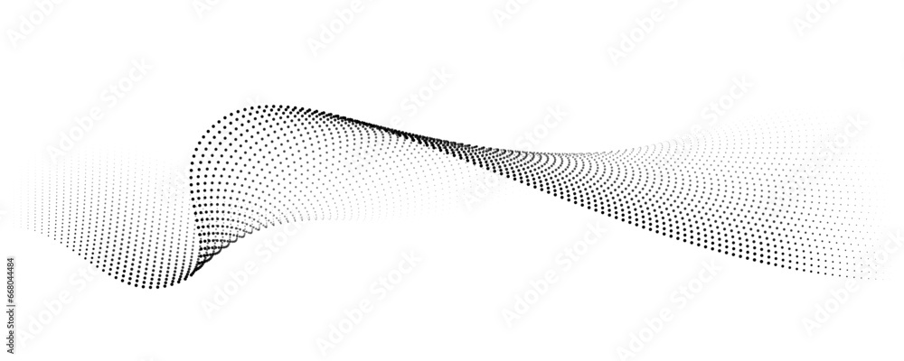Poster Flowing dot particles wave pattern halftone black gradient smooth curve shape isolated on transparent background. Vector in concept of technology, science, music, modern.