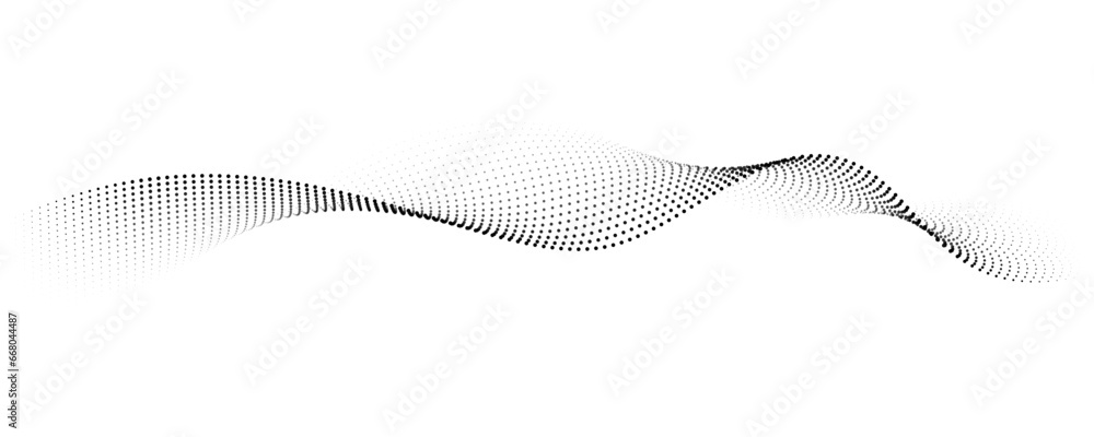 Poster Flowing dot particles wave pattern halftone black gradient smooth curve shape isolated on transparent background. Vector in concept of technology, science, music, modern.