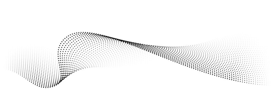 Flowing dot particles wave pattern halftone black gradient smooth curve shape isolated on transparent background. Vector in concept of technology, science, music, modern.