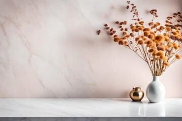 white and golden vase with a flower on marble floor