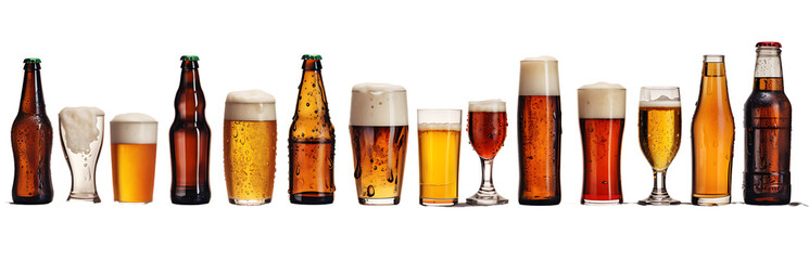 Set of beer bottles and glasses on white transparent background. Isolated on Transparent or White Background, PNG