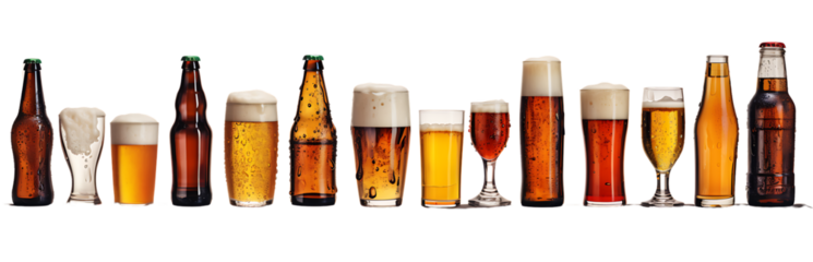 Set of beer bottles and glasses on white transparent background. Isolated on Transparent or White Background, PNG