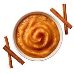 Top View of Apple Sauce with Cinnamon Stick Isolated on Transparent or White Background, PNG