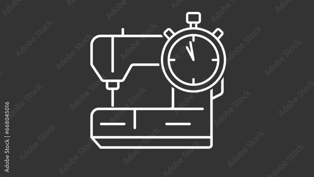 Sticker 2D white simple thin line animation of sewing machine and timer icon, HD video with transparent background, seamless loop 4K video representing clothing alteration.