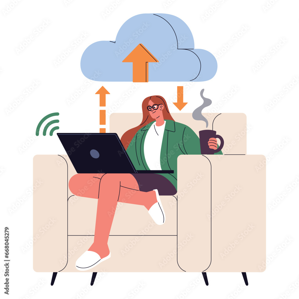 Aufkleber cloud storage concept. internet service for backup digital data. manager, worker download, upload in