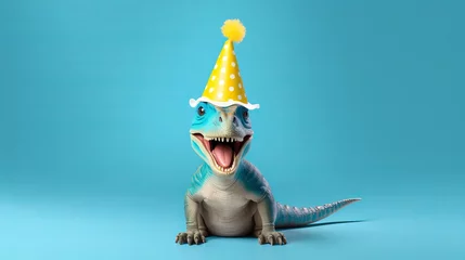 Tuinposter dinosaur in birthday hat holding happy birthday sign on blue background - cute greeting card idea © Ashi