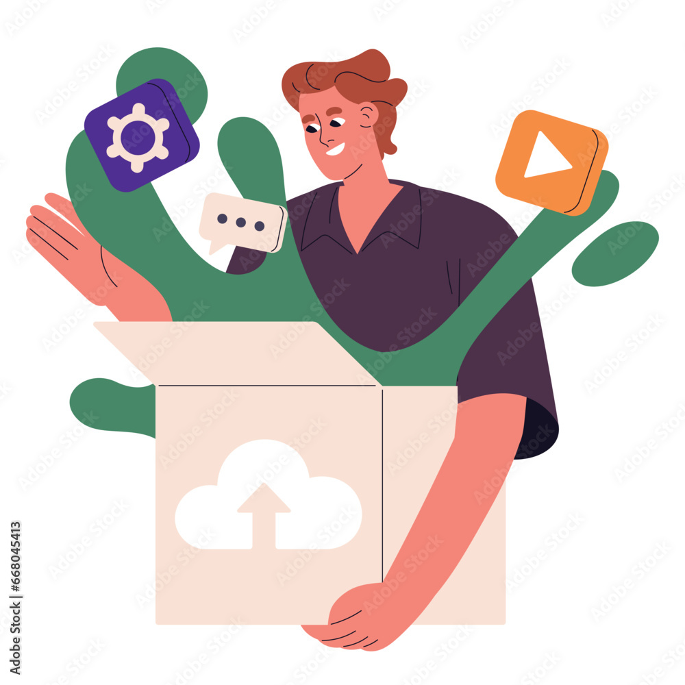Poster personal cloud storage with open access. people transfer data, information by digital disc, server. 