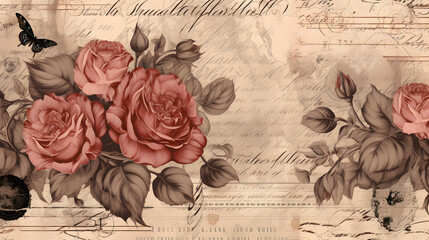 Vintage rose background with handwriting and postmark. generative AI. - obrazy, fototapety, plakaty