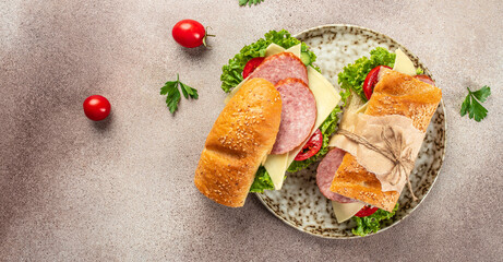 Fresh big baguette sandwiches with bacon, cheddar cheese, lettuce and vegetables. Long banner format. top view