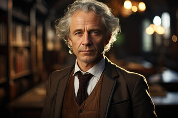 An elegant old man in a suit stands in a library among many books
