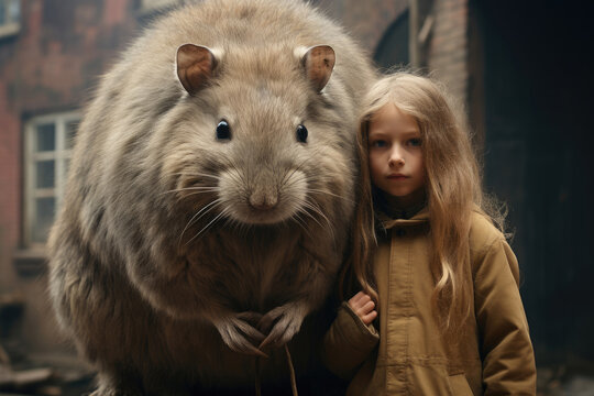 Little Girl With A Huge Giant Pet Gray Rat