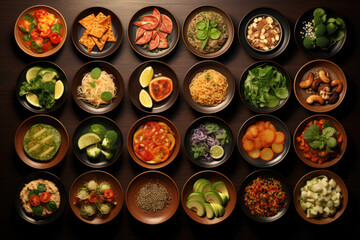 Set of different dishes in plates, top view collage