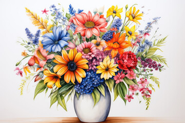 Bouquet of colored flowers in a vase in drawing style