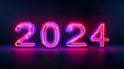 Glowing neon sign light text of new year 2024