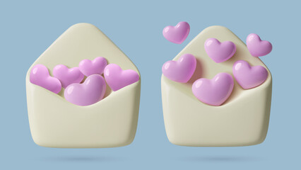 Opened envelope with pink hearts 3D icon. Romantic design with Valentines flying out the letter