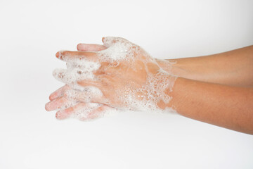 Cleaning hand with hand wash isolated on white background