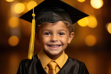 Little boy wearing master's cap, education concept