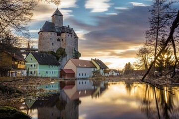 Stunning sunset over Falkenberg Fortress, a historic landmark located in Bavaria, Germany