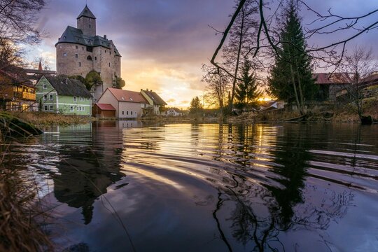 Stunning sunset over Falkenberg Fortress, a historic landmark located in Bavaria, Germany