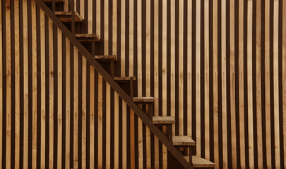 Contemporary interior with black metal and wooden plank stairs. House construction site. wood stair...