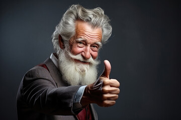 Positive bearded senior man show big thumbs up, like gesture