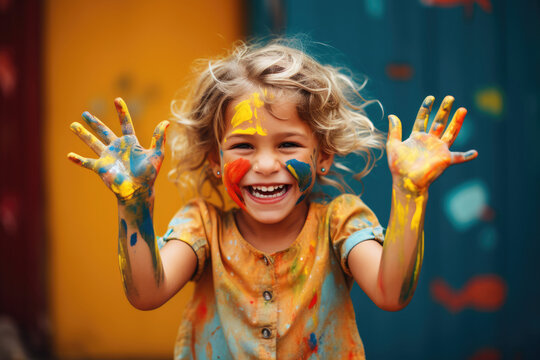 Little happy girl artist stained with colored paints, preschool education, creativity concept